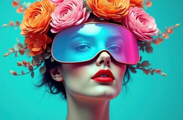 Obraz premium A woman showcases her unique style with vibrant flowers adorning her head and oversized, colored sunglasses. The colorful backdrop enhances her bold look, conveying confidence and creativity