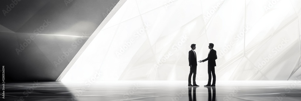 Poster two silhouetted figures in business negotiation against a modern architectural backdrop during a for