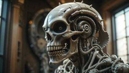 Obraz premium Cybernetic Skull Steampunk Skeleton with Wires and Gears in Classic Setting Generative AI