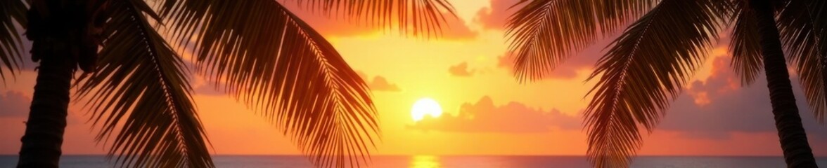 Palm fronds sway gently in warm breeze, as sun paints sky with fiery hues, palm leaves, red, caribbean sea
