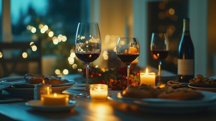 Alcohol consumption at a holiday dinner with wine and festive décor. Featuring warmth and tradition