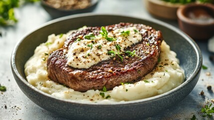 Grilled steak resting on a bed of mashed potatoes