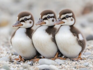 Obraz premium Cute ducklings on beach, huddle together