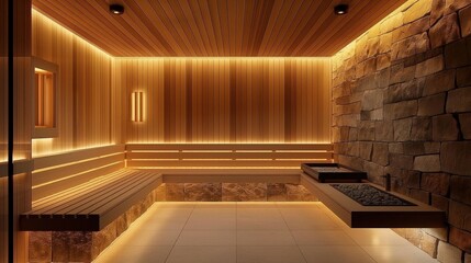 modern wooden steam room with white lighting strips on the walls