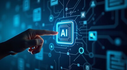 Futuristic AI Technology Interface with Digital Document Automation and Hand Interaction