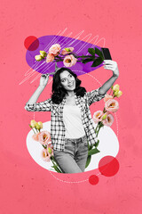 Creative drawing collage picture of funny young female selfie photo flowers international woman day postcard billboard comics zine minimal