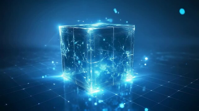 Glowing digital cube with network connections on dark blue grid background. Abstract technological concept visualization. Futuristic data box animation for tech presentation with copy space