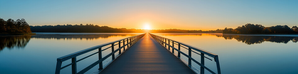 Fototapeta premium Scenic Sunrise Over a Serene Lake with a Wooden Pier and Reflective Water