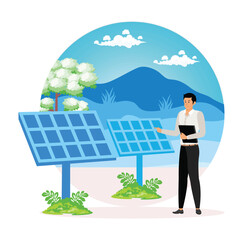 Obraz premium Observing Solar Panels in a Scenic Outdoor Renewable Energy Setup.