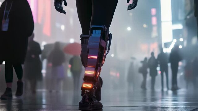 Futuristic LED Illuminated Boots in Cyberpunk Urban Setting. Neon Night Scene with Glowing Tech Fashion Footwear. Modern Street Style Concept for Technology and Fashion with Copy Space