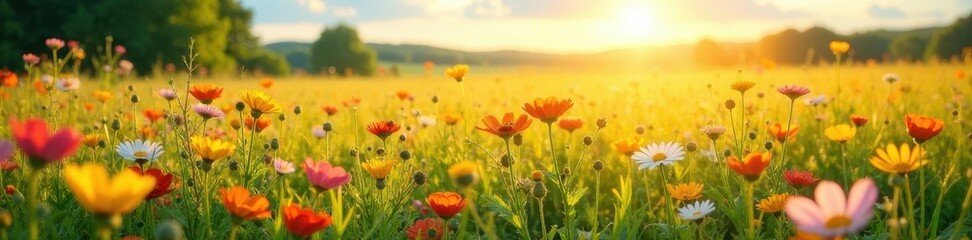 Sun-drenched field, colorful wildflowers, idyllic scene , soft, scene, botanical