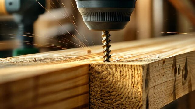 Closeup of electric drill working on wood for selftapping screw installation in a workshop setting, Closeup is an electric drill the screws a selftapping screw into a wooden bar