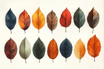 Fototapeta premium Collection of Colorful Autumn Leaves Arranged in a Vibrant Display Showcasing Natures Beauty and Diversity
