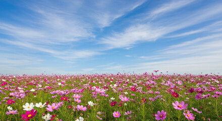 cosmos flower field with blue sky background.