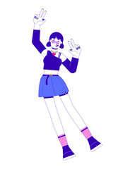 Fototapeta premium Stylish asian y2k girl with trendy accessories making peace signs 2D cartoon character. Early 2000s woman with nails painted isolated person flat vector on white background. Spot illustration colorful
