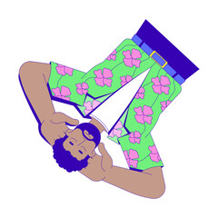 African american bearded man in floral hawaiian shirt relaxing 2D cartoon character. Resort wear black guy laid back isolated person flat vector on white background. Spot illustration colorful