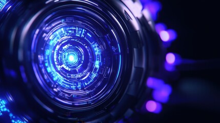 Obraz premium A close-up view of a futuristic, circular design featuring glowing blue lights and intricate patterns, evoking a sense of technology and innovation.