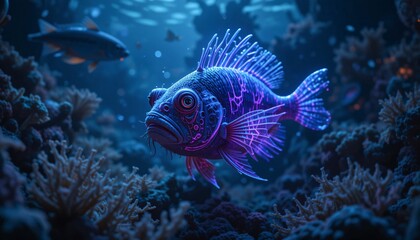 Obraz premium Underwater angler fishing for colorful fish in coral reef marine environment vibrant view