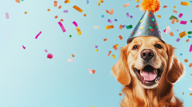 Happy golden retriever dog wearing a party hat celebrating at a birthday party with falling confetti on sky blue background.