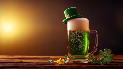A festive glass of green beer topped with foam, adorned with a leprechaun hat, perfect for St. Patrick's Day celebrations.