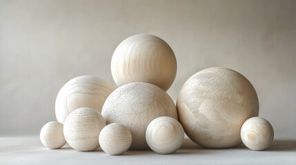 A minimalist composition featuring a set of hand-painted wooden spheres, adorned with subtle botanical patterns, carefully arranged on a neutral-toned background