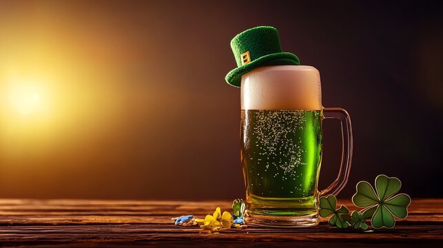 A festive glass of green beer topped with foam, adorned with a leprechaun hat, perfect for St. Patrick's Day celebrations.