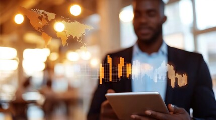 Business professional analyzing data with digital overlay