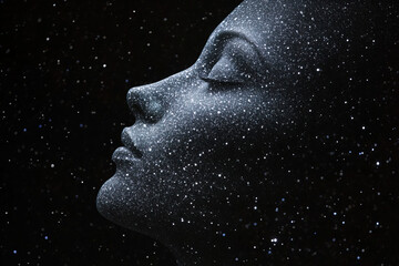 Portrait of a serene face filled with sparkling stars against a dark background