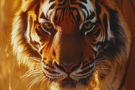 majestic bengal tiger close-up portrait in golden savanna light, intense eyes and detailed fur texture, natural habitat setting