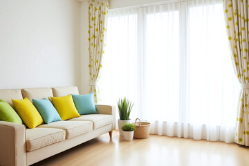 Modern living room with large window beige sofa and floral patterned curtains