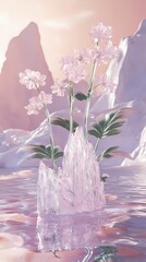 Obraz premium Digital technology pink green three-dimensional glass flowers iceberg landscape poster background