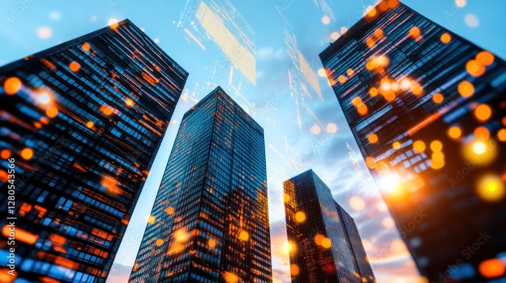 Poster abstract view of skyscrapers with digital elements and city lights