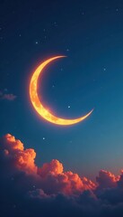 Naklejka premium Orange to deep blue sky, glowing crescent moon hangs high , vibrant, landscape