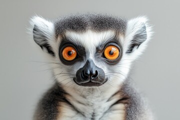 Fototapeta premium Lemur With Striking Orange Eyes Gazes Into the Camera Against a Neutral Background
