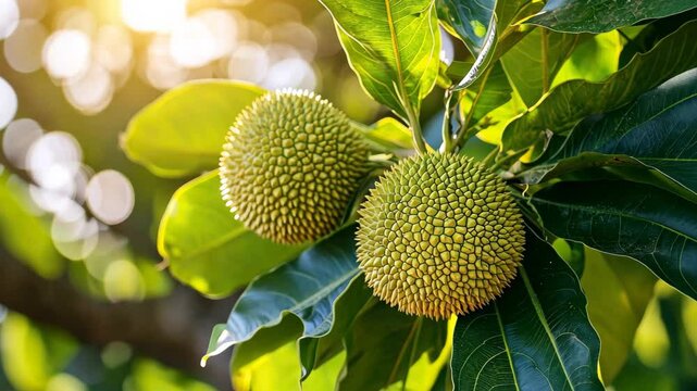 Closeup view of breadfruits growing on tree branches surrounded by lush green leaves in sunlight, Closeup of bread fruits on tree with lush green leaves in sunlight