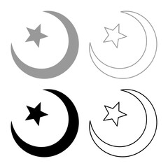 Obraz premium Symbol Alem Islam Halfmoon Arabic moon and star set icon grey black color vector illustration image solid fill outline contour line thin flat style
