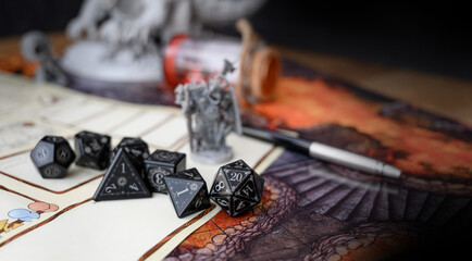 Close up of black d20 on character sheet. Board games, RPG, abstract concept of randomness and chance. Dice game, RPG