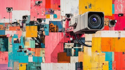 Fototapeta premium Surveillance cameras mounted on a colorful abstract background of squares