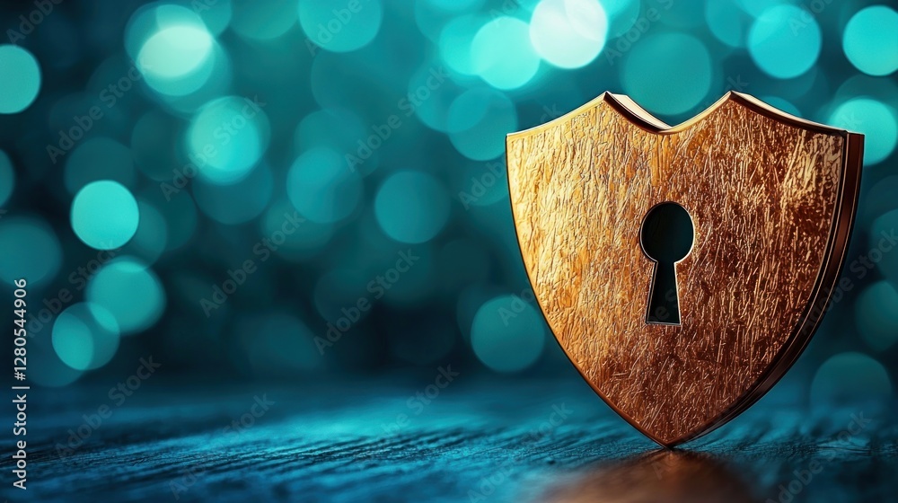 Aufkleber Golden Shield with Keyhole on Wooden Surface and Blurred Background