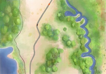 ИллюA highway located among meadows and river. Aerial view of fields and forests with treetops in lush greenery. Color illustration
