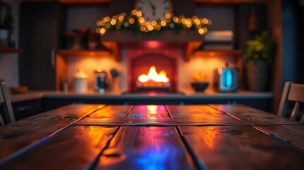 Obraz premium Wooden desk of free space and home interior with firerplace