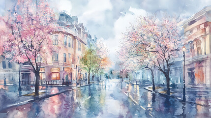 Spring city street with blooming trees and rainy reflections