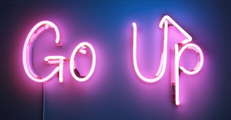 Neon sign with go up, featuring neon escalator steps and a rising arrow, creating a vibrant, colorful, and dynamic visual that symbolizes progress, elevation, and movement
