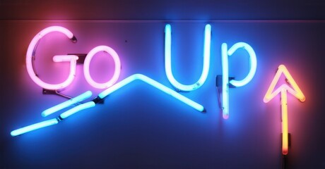 Neon sign with go up, featuring neon escalator steps and a rising arrow, creating a vibrant, colorful, and dynamic visual that symbolizes progress, elevation, and movement