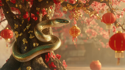 A majestic snake entwines around a decorated Chinese New Year tree, its shimmering golden and green scales adding to the festive atmosphere, with red lanterns and golden ornaments symbolizing prosperi