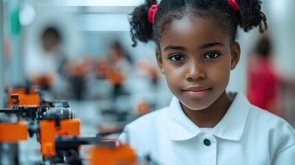 Young Girl in Lab Coat Engaged in Science Experiment at Laboratory