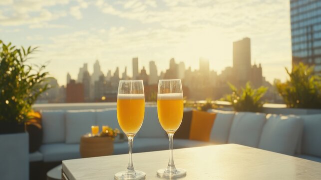 Alcohol consumption at a lavish rooftop brunch with mimosas. Featuring elegant décor and upscale vibes