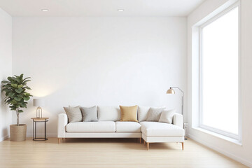 Modern living room with large window white sofa and small side tables