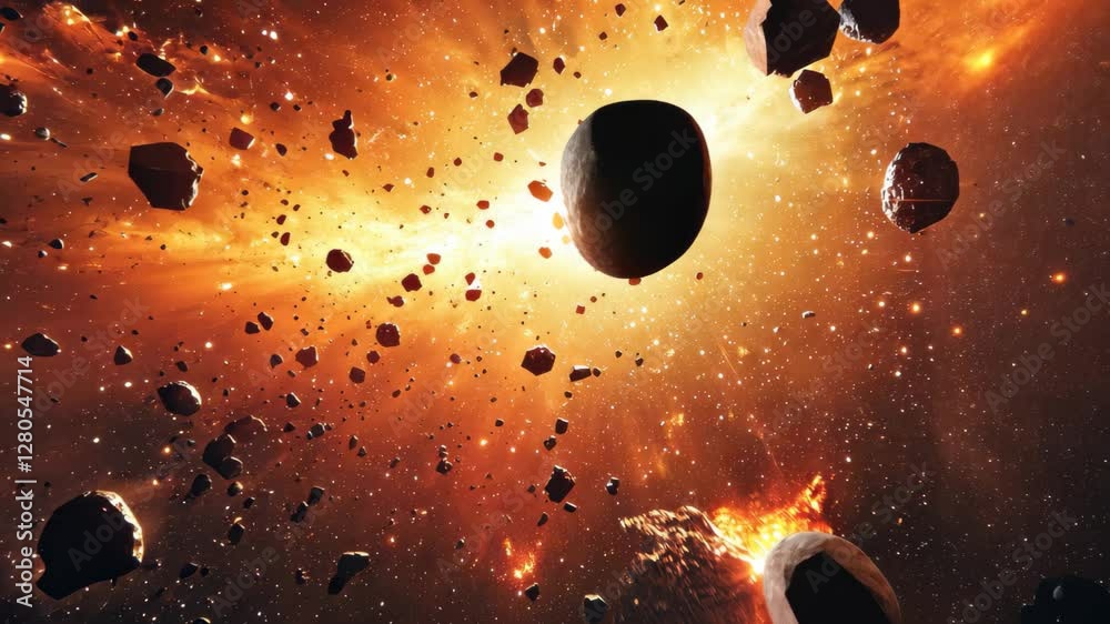 Wall mural exploding asteroids illuminate outer space under a brilliant sunlight, exploding asteroids in outer 