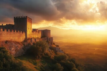 Fototapeta premium majestic medieval castle perched on hilltop during golden hour, ancient stone walls glowing in warm sunlight, dramatic clouds, romantic european architecture